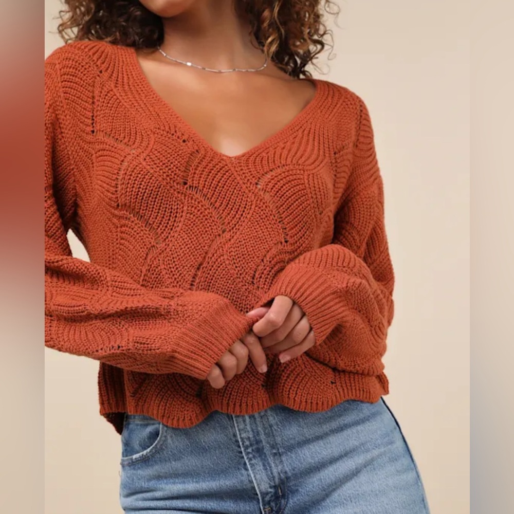 Lulus Cute Lifestyle Rust Orange Pointelle Knit V-Neck Sweater Top